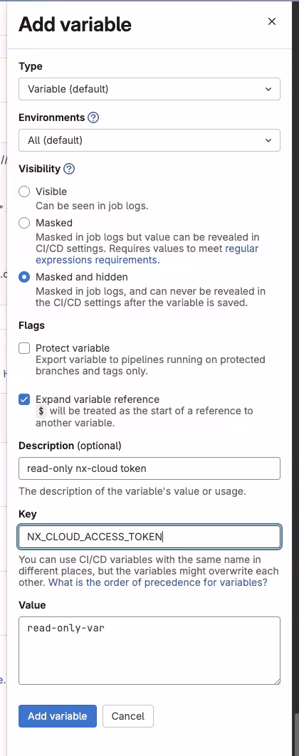 add read-only nx cloud access token to gitlab