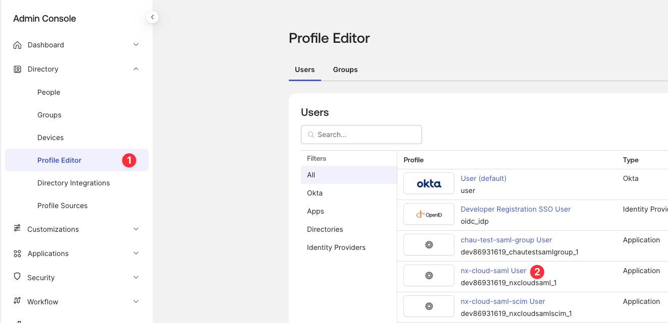Select SAML application in Profile Editor